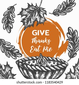 Thanksgiving day Background hand drawn illustration with autumn elements, food Vintage retro style engraving