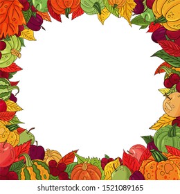 Thanksgiving day background. Hand drawn design decor frame with autumn elements. Fall leaves, autumn fruit, pumpkins icons collection. Thanksgiving greeting card template. Top view, invitation banner.