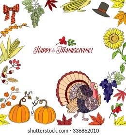 Thanksgiving day. Background with hand drawn elements. Pumpkin, turkey, harvest, sunflower, autumn. Vector Illustration