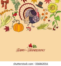 Thanksgiving day. Background with hand drawn elements. Pumpkin, turkey, harvest, sunflower, autumn. Vector Illustration