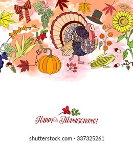 Thanksgiving day. Background with hand drawn elements. Pumpkin, turkey, harvest, sunflower, autumn. Vector Illustration