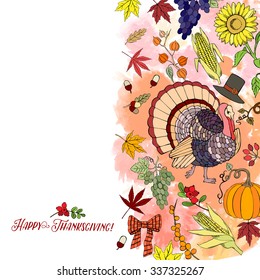 Thanksgiving day. Background with hand drawn elements. Pumpkin, turkey, harvest, sunflower, autumn. Vector Illustration