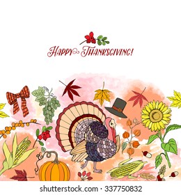 Thanksgiving day. Background with hand drawn elements. Pumpkin, turkey, harvest, sunflower, autumn. Vector Illustration