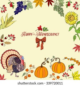 Thanksgiving day. Background with hand drawn elements. Pumpkin, turkey, harvest, sunflower, autumn. Vector Illustration