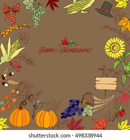 Thanksgiving day. Background with hand drawn elements. Pumpkin, turkey, harvest, sunflower, autumn. Vector Illustration