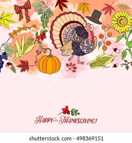 Thanksgiving day. Background with hand drawn elements. Pumpkin, turkey, harvest, sunflower, autumn. Vector Illustration