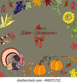 Thanksgiving day. Background with hand drawn elements. Pumpkin, turkey, harvest, sunflower, autumn. Vector Illustration
