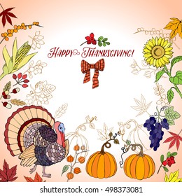 Thanksgiving day. Background with hand drawn elements. Pumpkin, turkey, harvest, sunflower, autumn. Vector Illustration