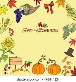 Thanksgiving day. Background with hand drawn elements. Pumpkin, turkey, harvest, autumn. Vector Illustration