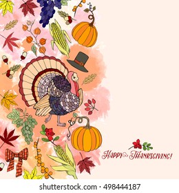 Thanksgiving day. Background with hand drawn elements. Pumpkin, turkey, harvest, sunflower, autumn. Vector Illustration