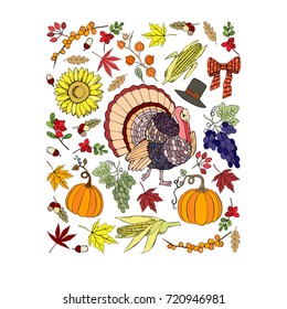 Thanksgiving day. Background with hand drawn elements. Pumpkin, turkey, harvest, sunflower, autumn. Vector Illustration
