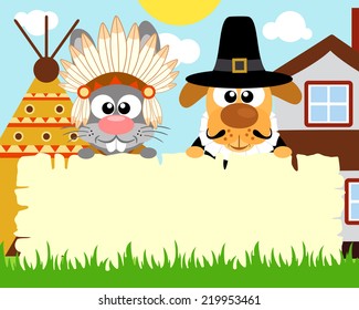 Thanksgiving Day Background With Rabbit Indian And Dog Pilgrim ,vector