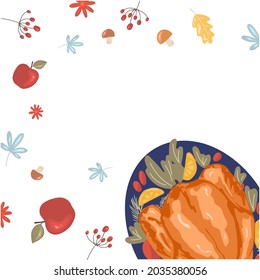 Thanksgiving Day background with roasted turkey on a platter, mushrooms, autumn leaves and years on a white plate. Vector illustration in hand drawn style.