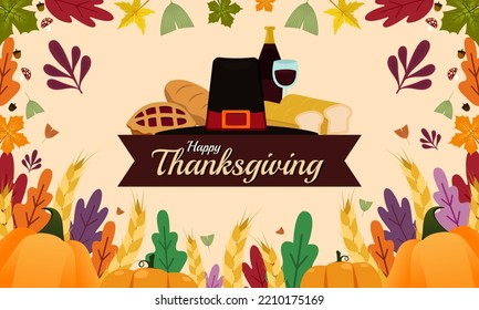 Thanksgiving day background or template in flat design with hat and autumn elements.