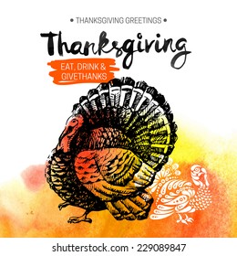 Thanksgiving Day background. Typographic poster. Hand drawn sketch and watercolor vector illustration