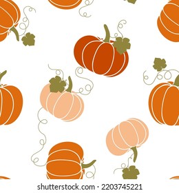 Thanksgiving day background. Vector cartoon illustration, hello autumn. Seamless pattern with cozy orange pumpkins, green pumpkin leaves. Hygge time. Halloween party kitchen linen  decor with squash