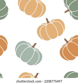 Thanksgiving day background. Vector cartoon illustration, hello autumn. Seamless pattern with cozy orange and green pumpkins, Hygge time. Halloween party kitchen linen  decor with squash