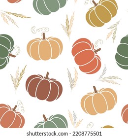 Thanksgiving day background. Vector cartoon illustration, hello autumn. Seamless pattern with cozy orange and green pumpkins, Hygge time. Halloween party kitchen linen  decor with squash