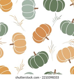 Thanksgiving day background. Vector cartoon illustration, hello autumn. Seamless pattern with cozy orange and green pumpkins, Hygge time. Halloween party kitchen linen  decor with squash