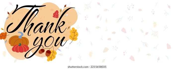 Thanksgiving day background vector illustration isolated on white. Phrase Thank you with pumpkins and autumn leaves on decorated backdrop. Flat style web banner