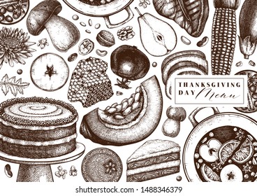 Thanksgiving day background. Vector menu template with traditional food and drinks. Harvest season vintage design. Hand drawn elements for greeting card, banner, packaging, recipe, logo.
