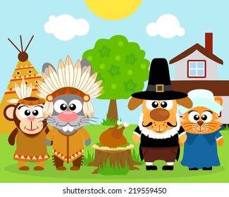 Thanksgiving day background,with funny animals vector