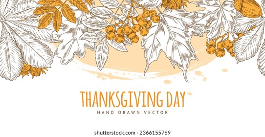 Thanksgiving day banner with autumn leaves border above. Seamless vintage pattern of leaves, berries, nut and acorn with blank space. Vector illustration with seasonal decoration.