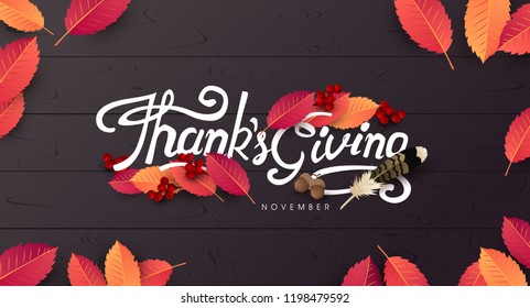 Thanksgiving day banner background. Celebration quotation for card.vector illustration.Autumn season inscription.calligraphy of "Thanksgiving"