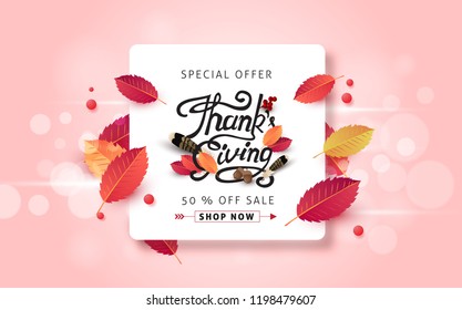 Thanksgiving day banner background. Celebration quotation for card.vector illustration.Autumn season happy Thanksgiving inscription.