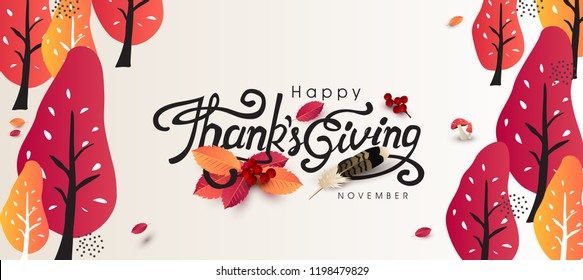 Thanksgiving day banner background. Celebration quotation for card.vector illustration.Autumn season inscription.calligraphy of "Thanksgiving"