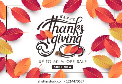 Thanksgiving day banner background. Celebration quotation for card.vector illustration.Autumn season Calligraphy of "Thanksgiving".