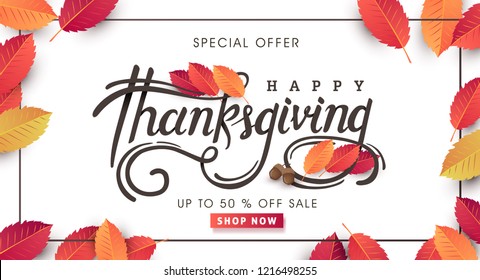 Thanksgiving day banner background. Celebration quotation for card.vector illustration.Autumn season Calligraphy of "Thanksgiving".