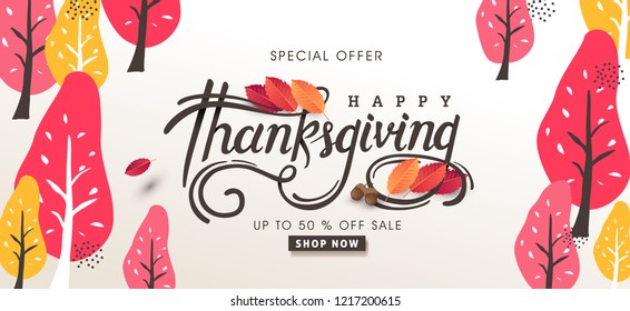 Thanksgiving day banner background. Celebration quotation for card.vector illustration.Autumn season Calligraphy of "Thanksgiving".