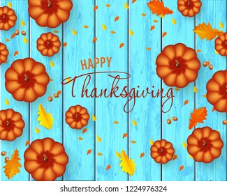 Thanksgiving Day banner background with pumpkins, pie, oak leaves on blue wood background. Vector illustration