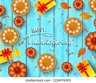 Thanksgiving Day banner background with pumpkins, pie, oak leaves on blue wood background. Vector illustration