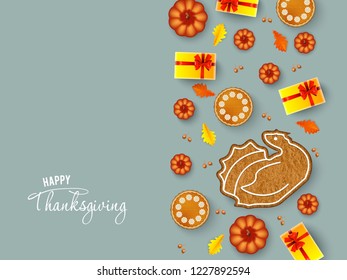 Thanksgiving Day banner background with pumpkins, pie, oak leaves. Vector illustration