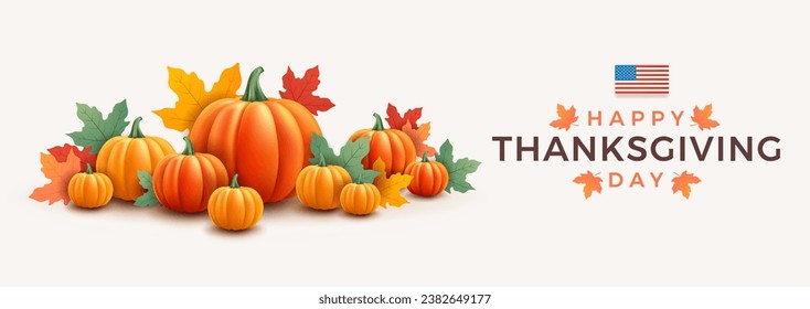 Thanksgiving day banner. Thanksgiving background with realistic 3d orange pumpkins, fall foliage, USA flag, Thanksgiving day lettering. Vector illustration