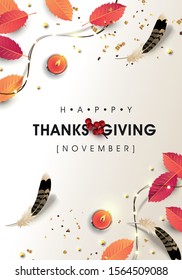 Thanksgiving day banner background with sparkling lights garland and autumn fall,candle. Celebration quotation for card.vector illustration.