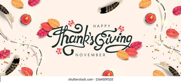 Thanksgiving day banner background with sparkling lights garland and autumn fall,candle. Celebration quotation for card.vector illustration.Autumn season Calligraphy of "Thanksgiving".