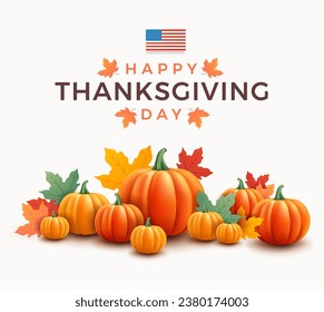 Thanksgiving day banner. Beautiful background with realistic 3d orange pumpkins, USA flag, autumn leaves. Great for Thanksgiving holiday poster, social media post graphic - vector illustration