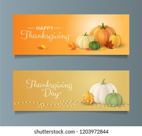 Thanksgiving day banner design with beautiful colorful pumpkins, leaves and garland. - Vector illustration