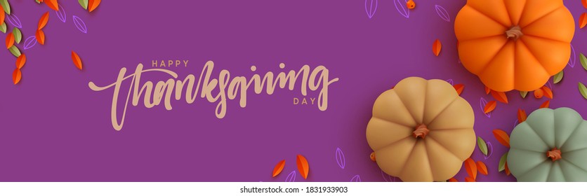 Thanksgiving day banner. Festive background with realistic 3d orange pumpkins, fall foliage. Horizontal holiday poster, header for website. Flat top view. Vector illustration