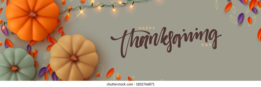 Thanksgiving day banner. Festive background with realistic 3d orange pumpkins, fall foliage, light garlands. Horizontal holiday poster, header for website. Vector illustration