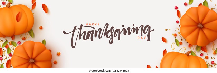 Thanksgiving day banner. Festive background with realistic 3d orange pumpkins, fall foliage. Horizontal holiday poster, header for website. Flat top view. Vector illustration