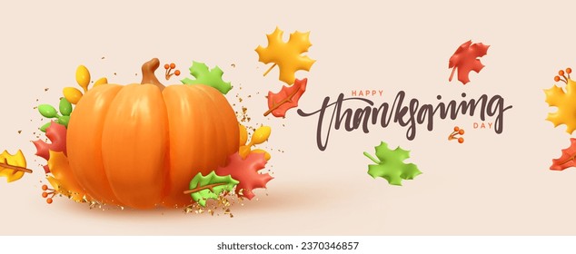 Thanksgiving day banner. Festive background with realistic 3d cartoon orange pumpkins, fall foliage of maple. Horizontal holiday poster, header for website. Flat top view. Vector illustration