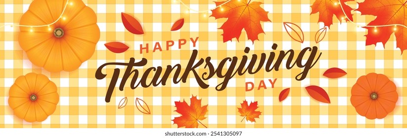 Thanksgiving day banner. Festive background with realistic 3d orange pumpkins, fall foliage. Horizontal holiday poster, header for website. Flat top view. Vector illustration