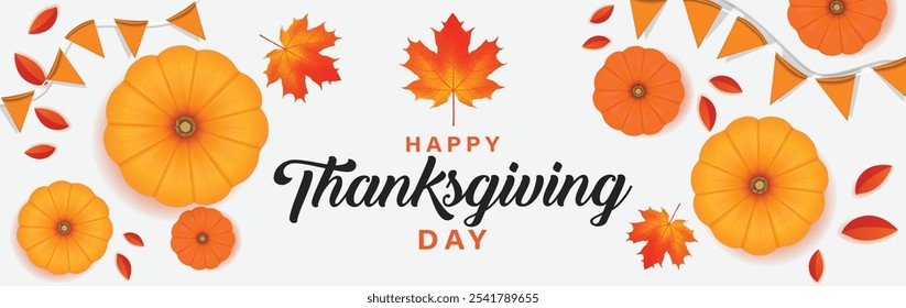 Thanksgiving day banner. Festive background with realistic 3d orange pumpkins, fall foliage. Horizontal holiday poster, header for website. Flat top view. Vector illustration