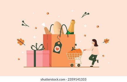 Thanksgiving day banner. Festive holiday. Celebrations with seasonal fall produce. Happy Thanksgiving Day shopping event.