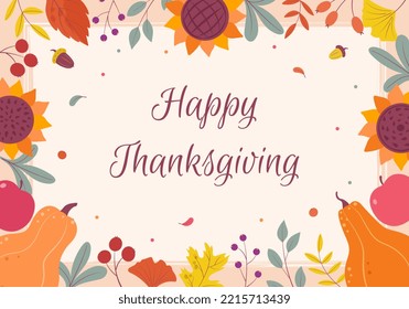 Thanksgiving day. Banner, greeting card of the autumn harvest festival with leaves, pumpkins, sunflowers, apples, berries and floral elements.