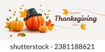 Thanksgiving day banner. Holiday background with realistic 3d orange pumpkin in pilgrim hat, autumn leaves. Horizontal holiday poster, header for website. Vector illustration